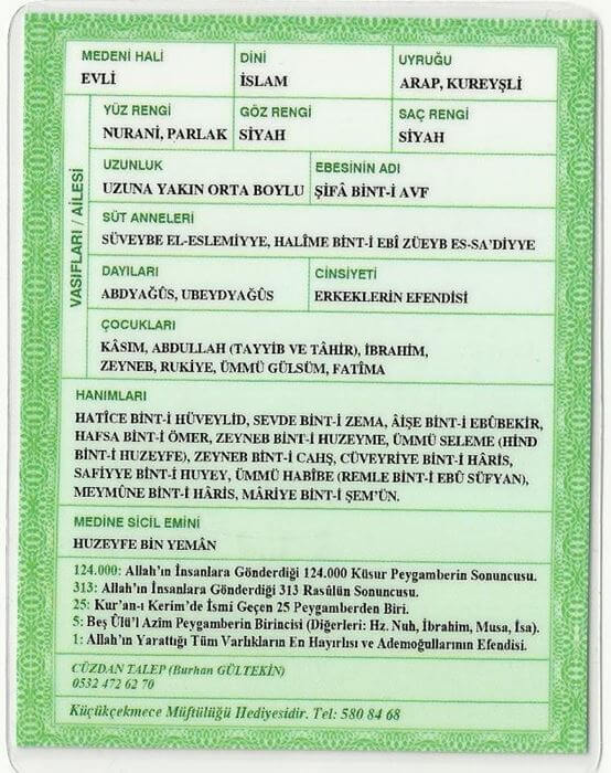 Peygamberimizin kimlik kartı bilgileri
