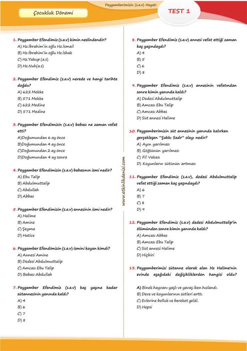 Peygamberimizin (a.s.m) Hayatı Test Soruları