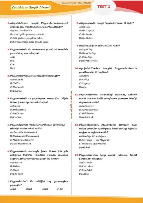 Peygamberimizin (a.s.m) Hayatı Test Soruları