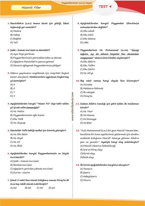 Peygamberimizin (a.s.m) Hayatı Test Soruları
