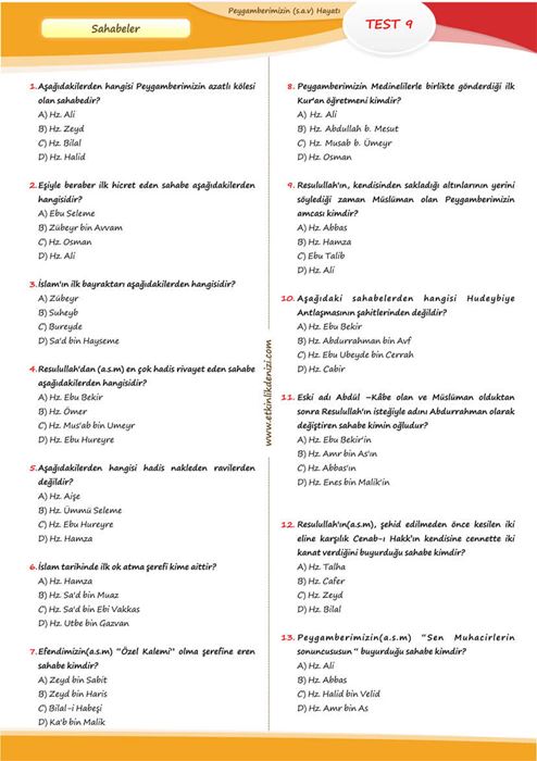 Peygamberimizin (a.s.m) Hayatı Test Soruları
