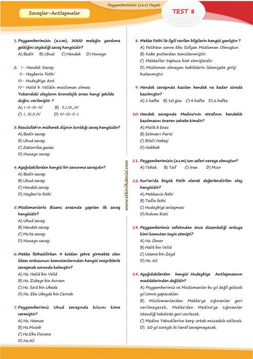 Peygamberimizin (a.s.m) Hayatı Test Soruları