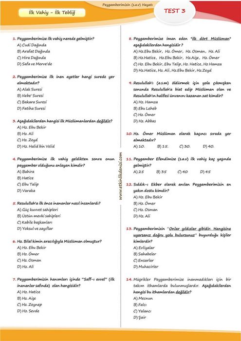 Peygamberimizin (a.s.m) Hayatı Test Soruları