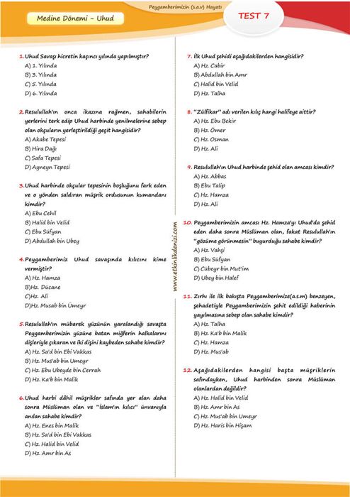 Peygamberimizin (a.s.m) Hayatı Test Soruları