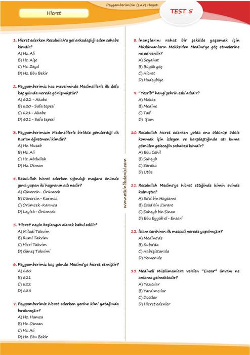 Peygamberimizin (a.s.m) Hayatı Test Soruları