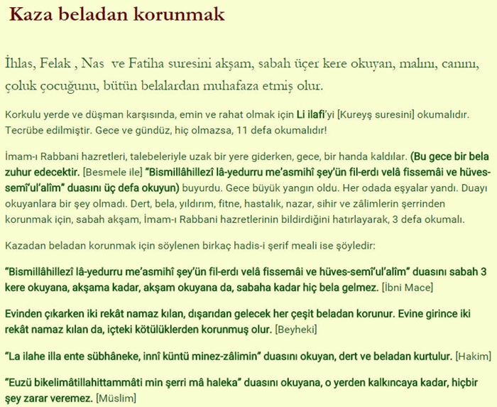 Kazadan beladan koruyan dualar