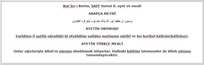 Allah nurunu tamamlayacaktır ayeti